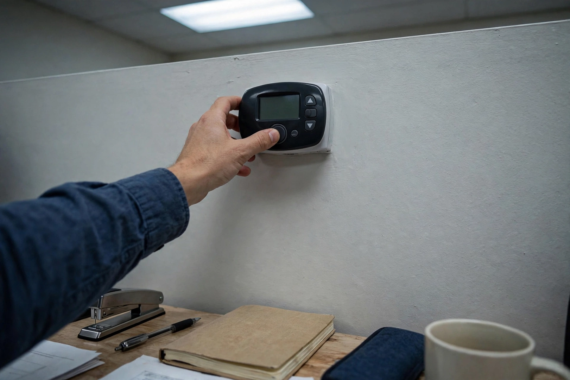 Hand adjusting a commercial thermostat on an office wall