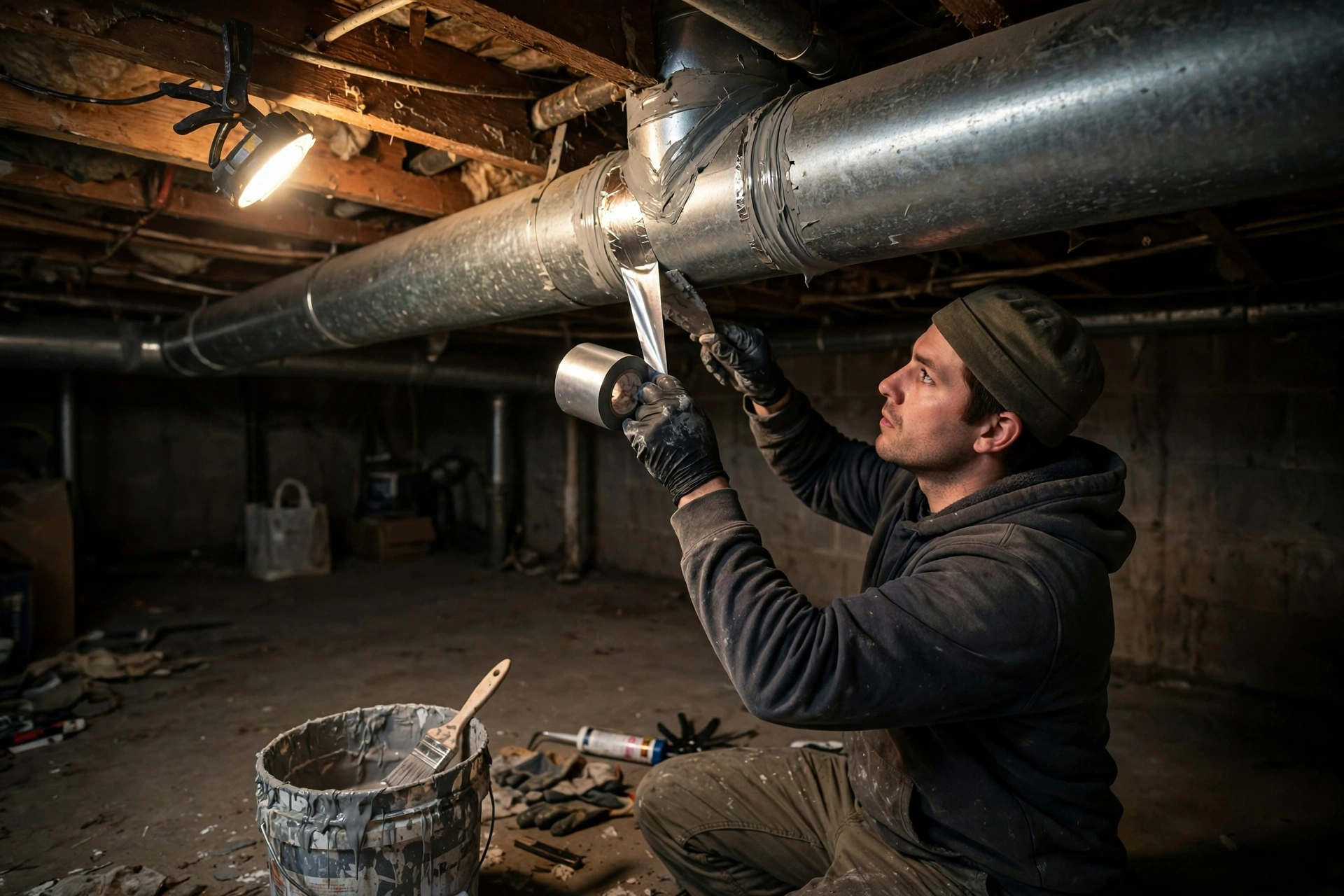 Technician sealing a galvanized duct joint with foil tape in a basement