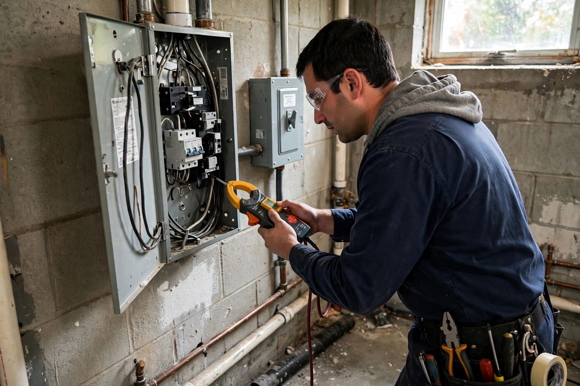 Technician checking a home breaker panel with a clamp meter