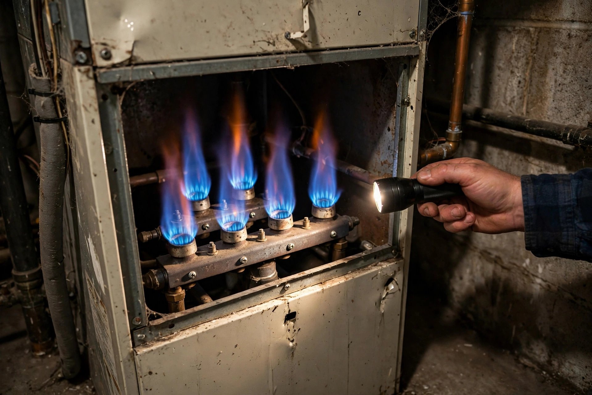 Blue burner flames inside an open gas furnace with a flashlight beam