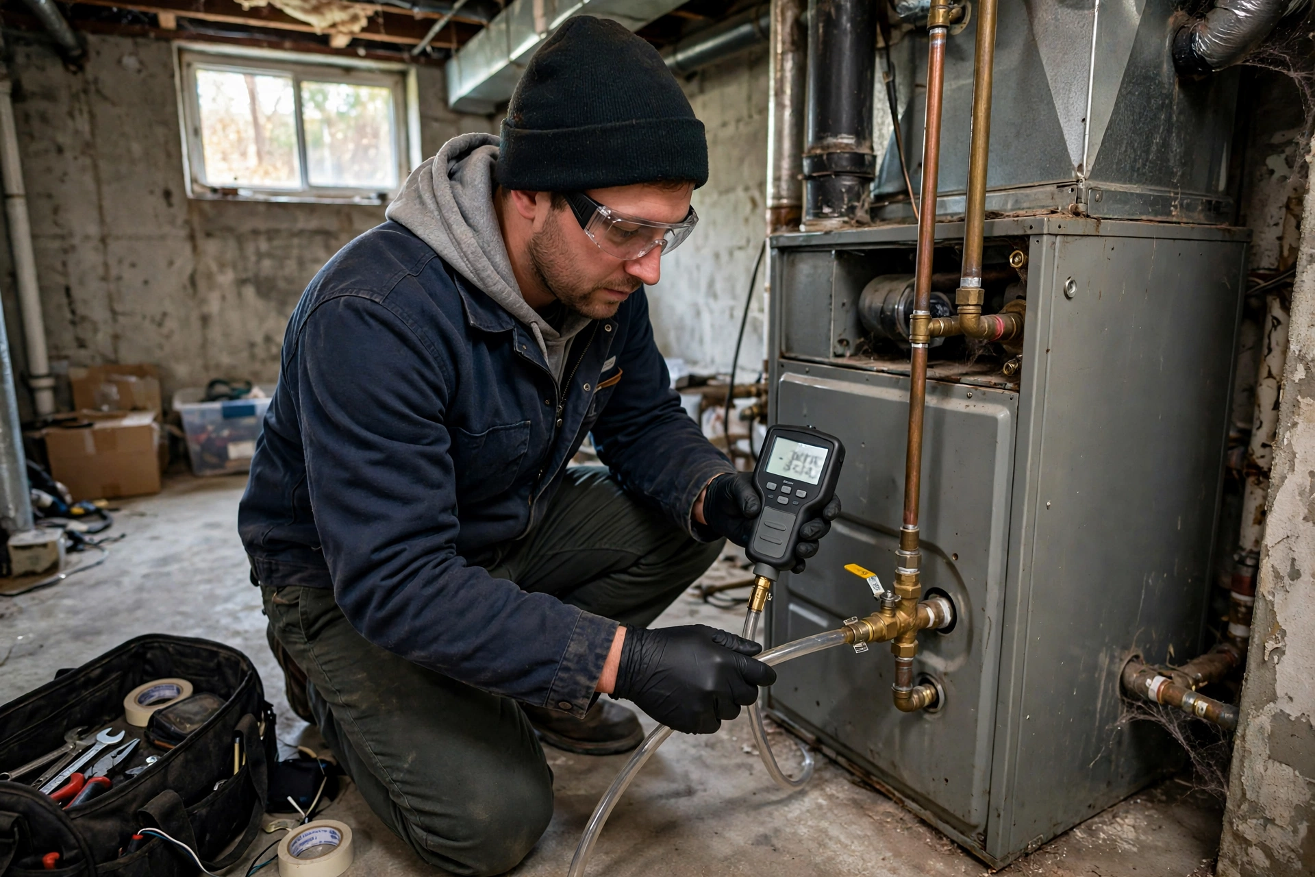 Technician connecting a digital manometer to a gas furnace valve