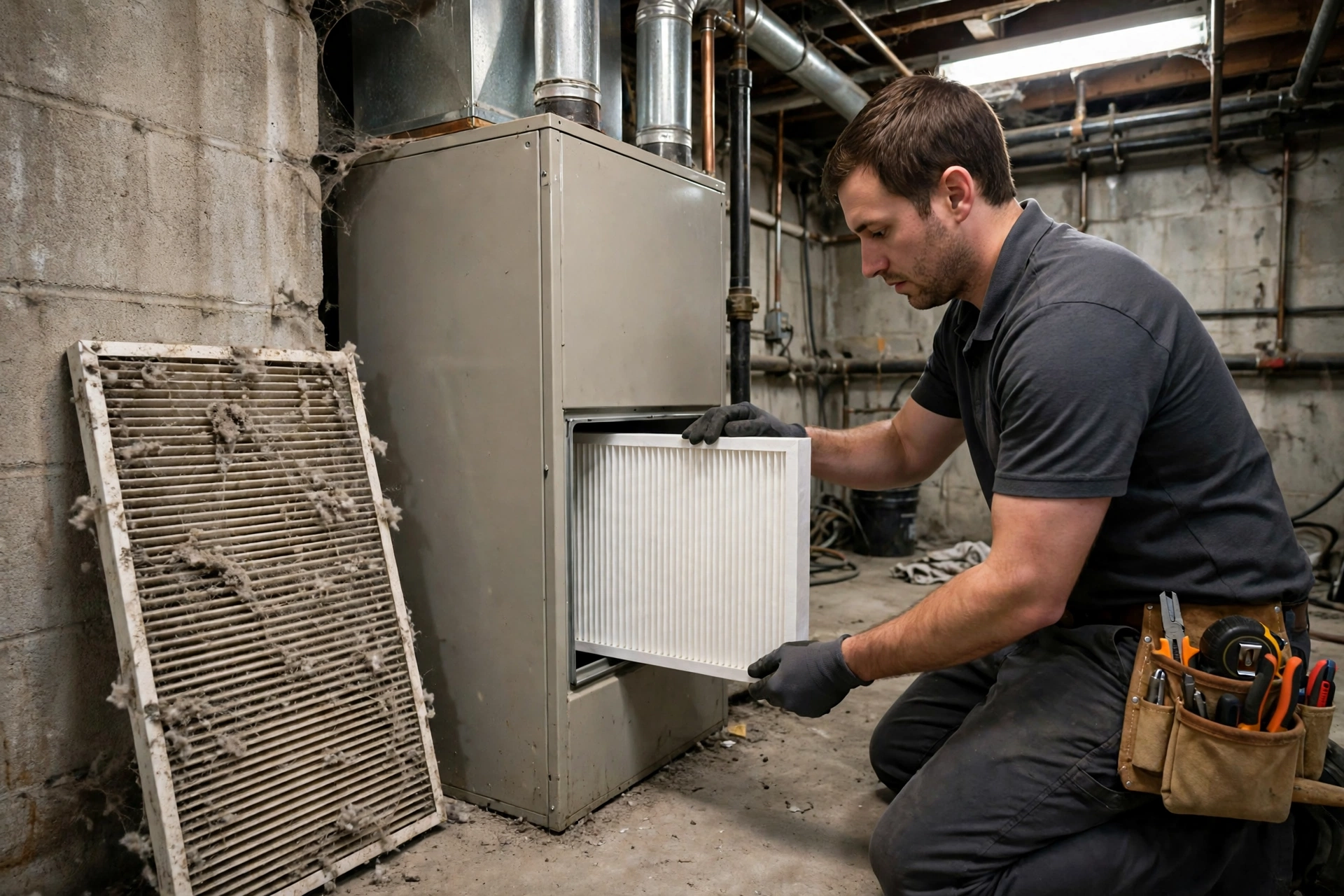Technician sliding a new pleated filter into a furnace filter slot