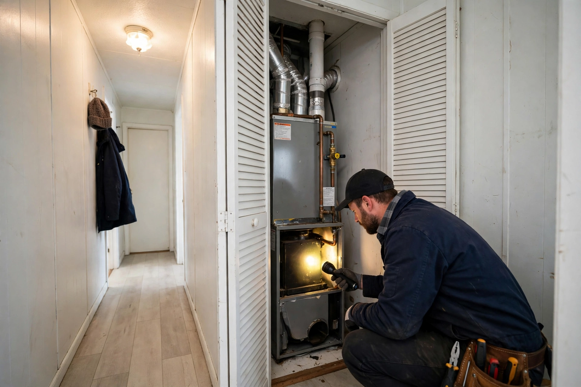 Technician checking a compact furnace inside a louvered utility closet