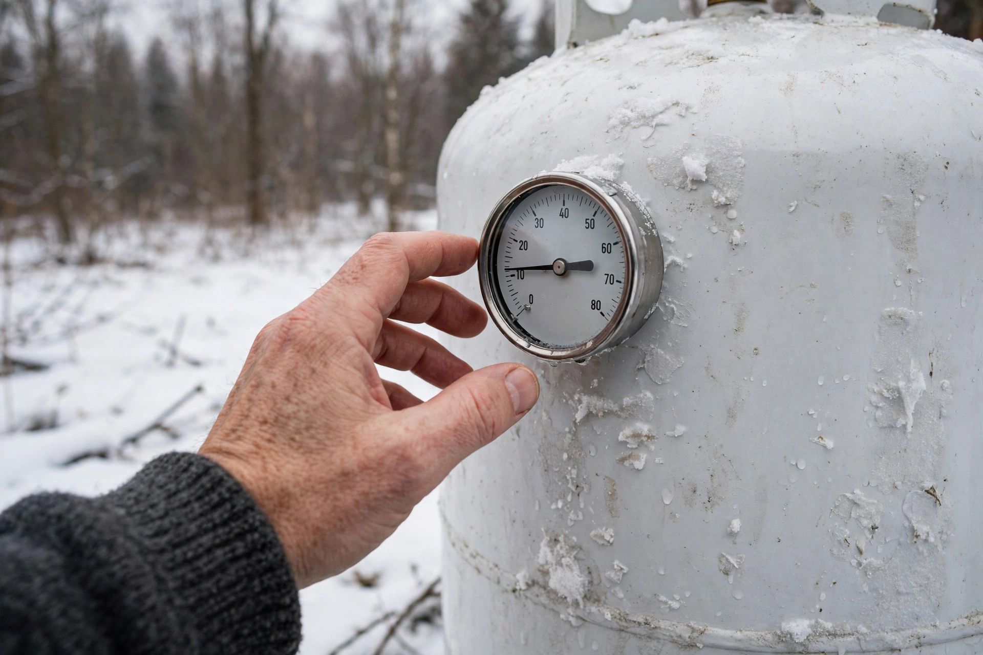 Hand reading the gauge on a white propane tank in a snowy yard