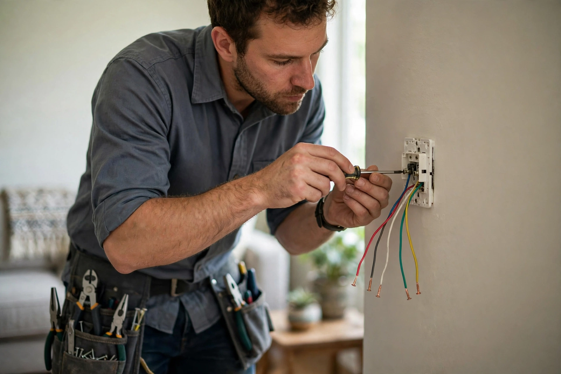 Technician connecting colored low-voltage wires at a wall control