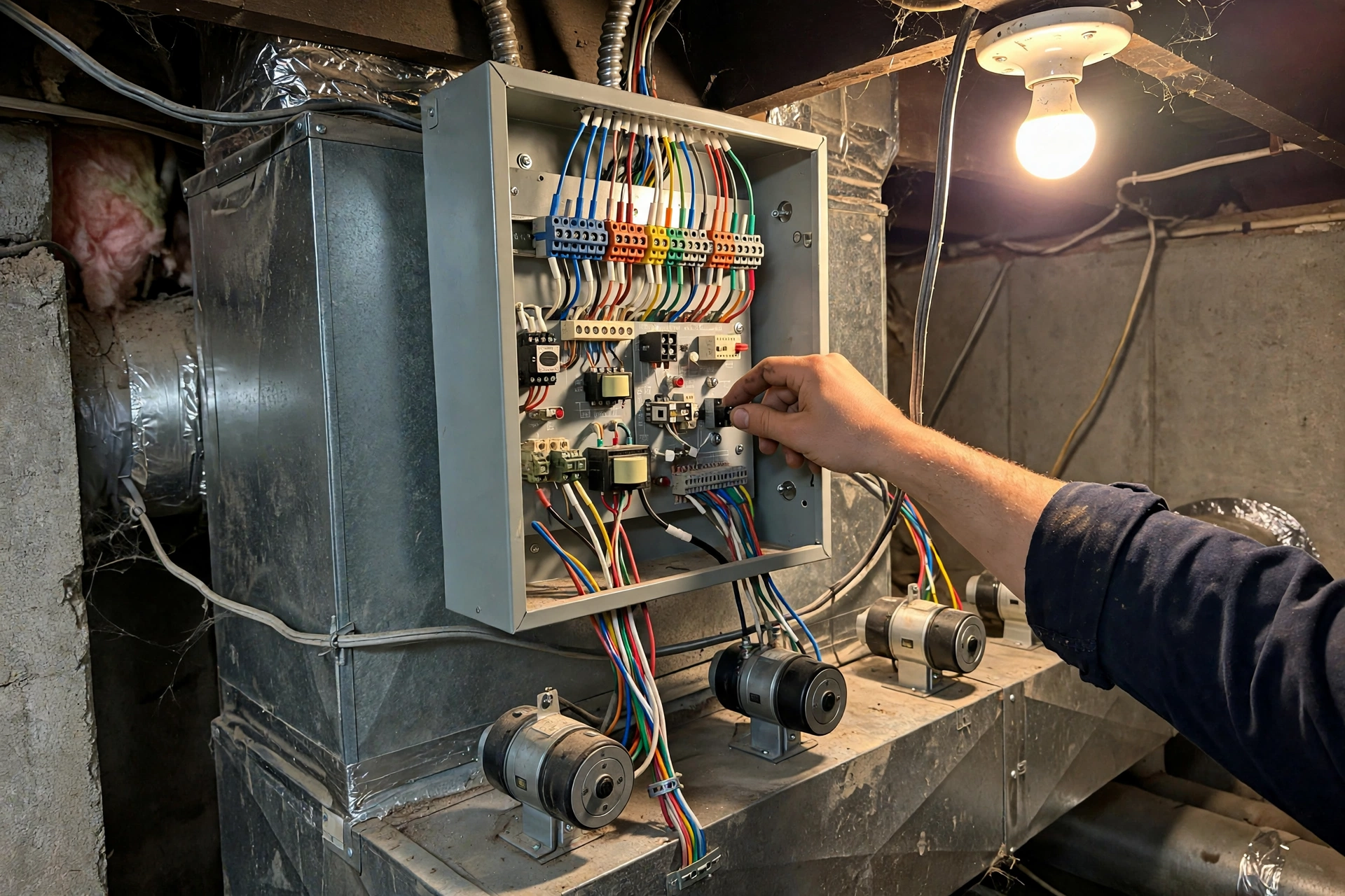 Zone control panel with damper motors and colored wiring on basement ductwork