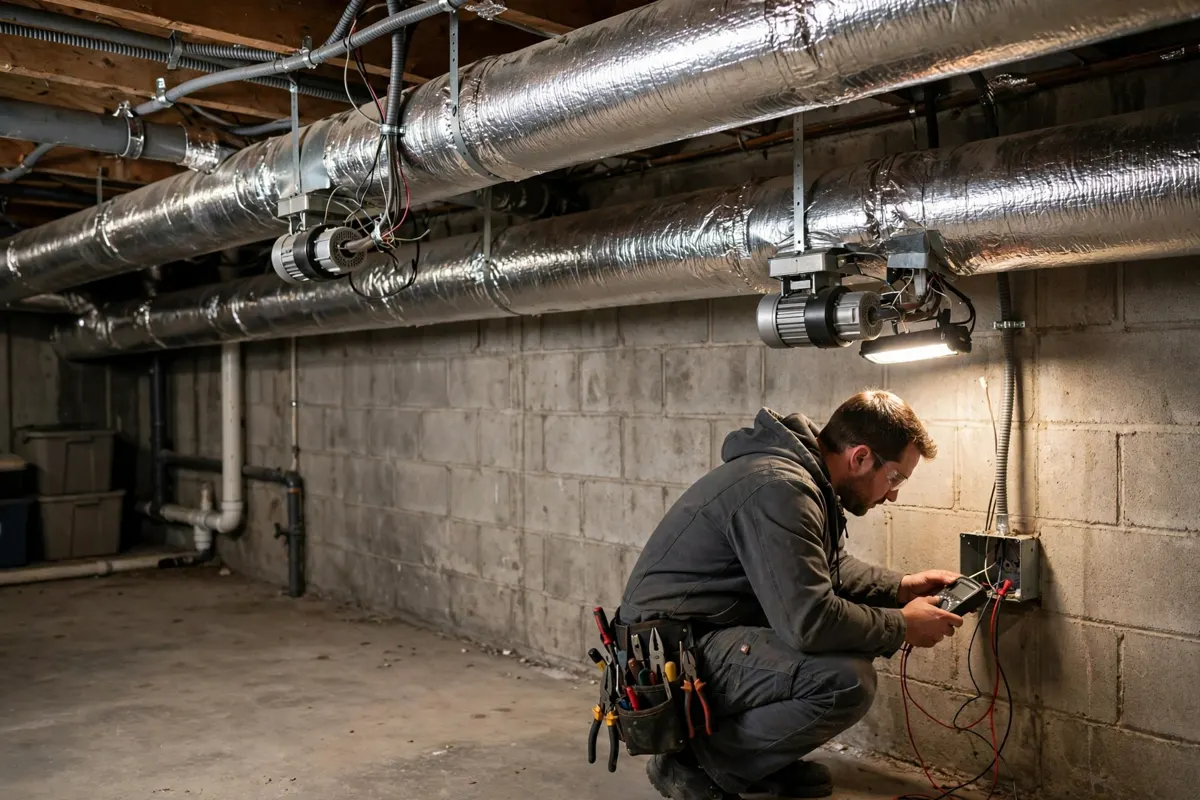Zoned ductwork in a basement with damper motors and duct runs