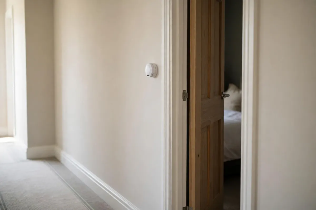 A carbon monoxide detector mounted on a hallway wall near a bedroom door