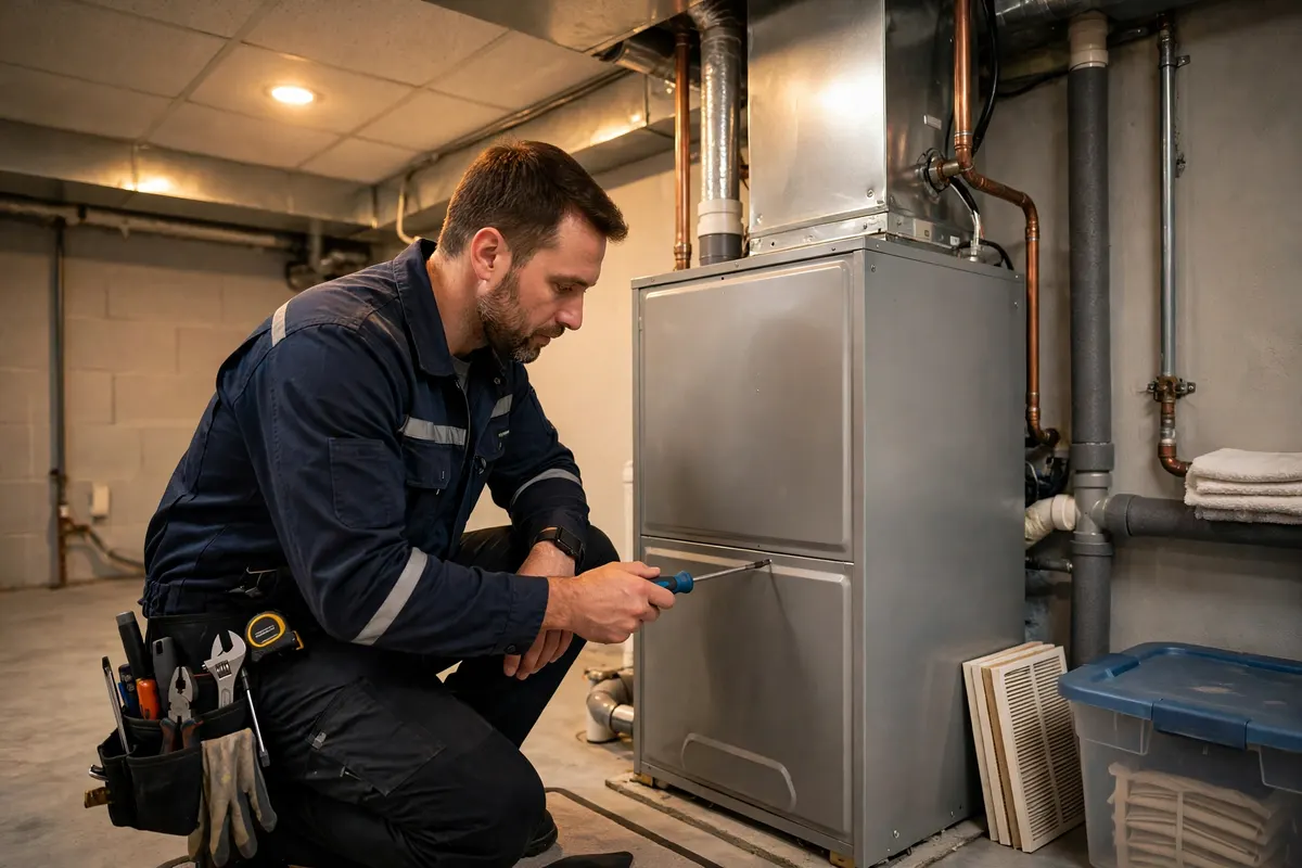 A technician servicing a furnace in a basement