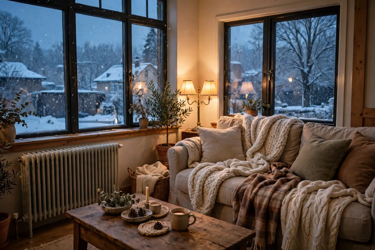 A warm living room in winter with a sofa, blankets, and snow outside the window